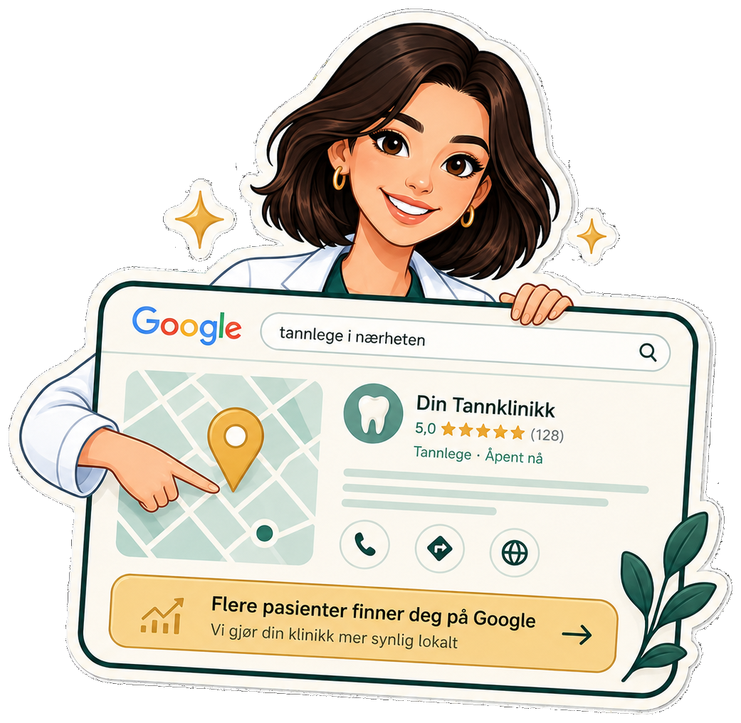 Illustrasjon av tannlege med lokalt Google-søk og kart
